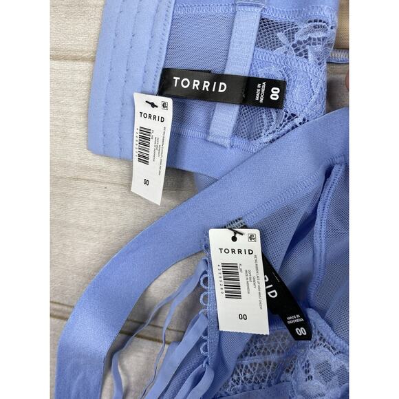 Torrid Bra Panty Set 00 L Blue Retro Ribbon Cutout Serenity Underwire Strap NWT - Picture 10 of 14